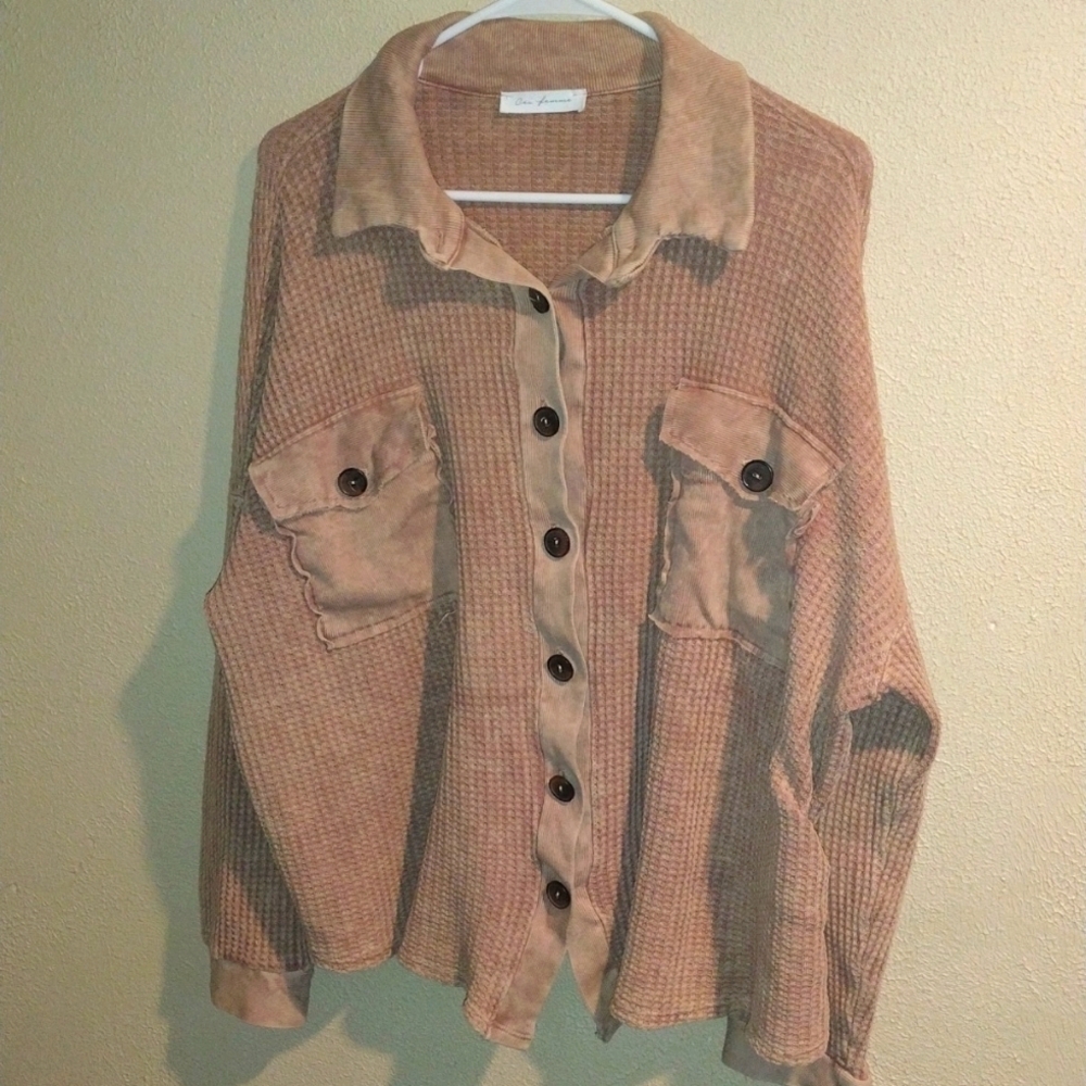 Ces femme Tan Ribbed Oversized Sweater Shacket M